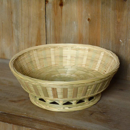 Handmade bamboo storage basket with woven design in 26x8cm, 25x9cm, and 24x12cm sizes on a wooden table
