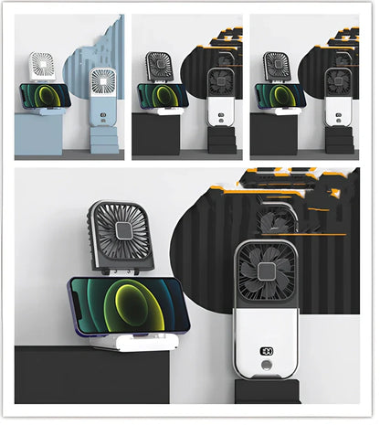 F30Pro folding portable handheld fan in white with digital display, 169x81x20mm size, USB charging, plastic blades for cooling