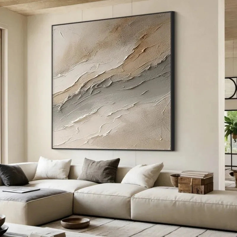 Hand-painted beige grey abstract oil painting on canvas, one panel, frameless and unstretched wall art