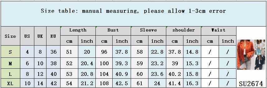 Women's PU leather short coat with tassel detail in black, orange, and beige