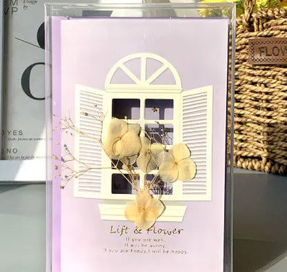 Handmade 3D pop-up greeting card with butterfly shape showing artificial flowers and hot stamping details