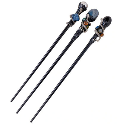 Natural crystal ball magic wand with wooden handle showing labradorite, obsidian, white crystal, or amethyst options