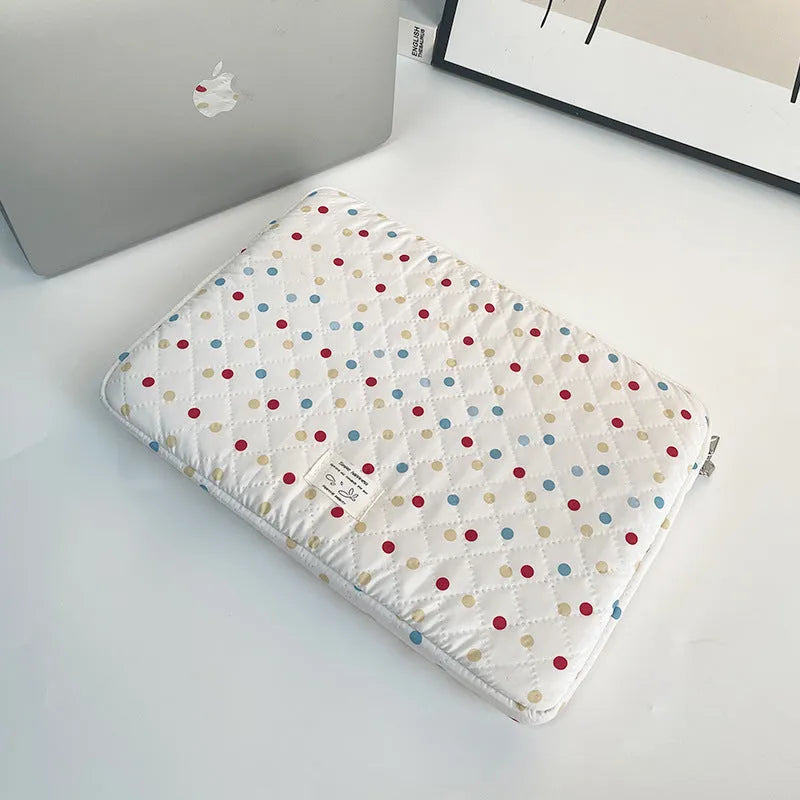 Women's solid colour polka dot polyester laptop bag shown in 11-inch, 13-14-inch, and 15-15.6-inch size options.