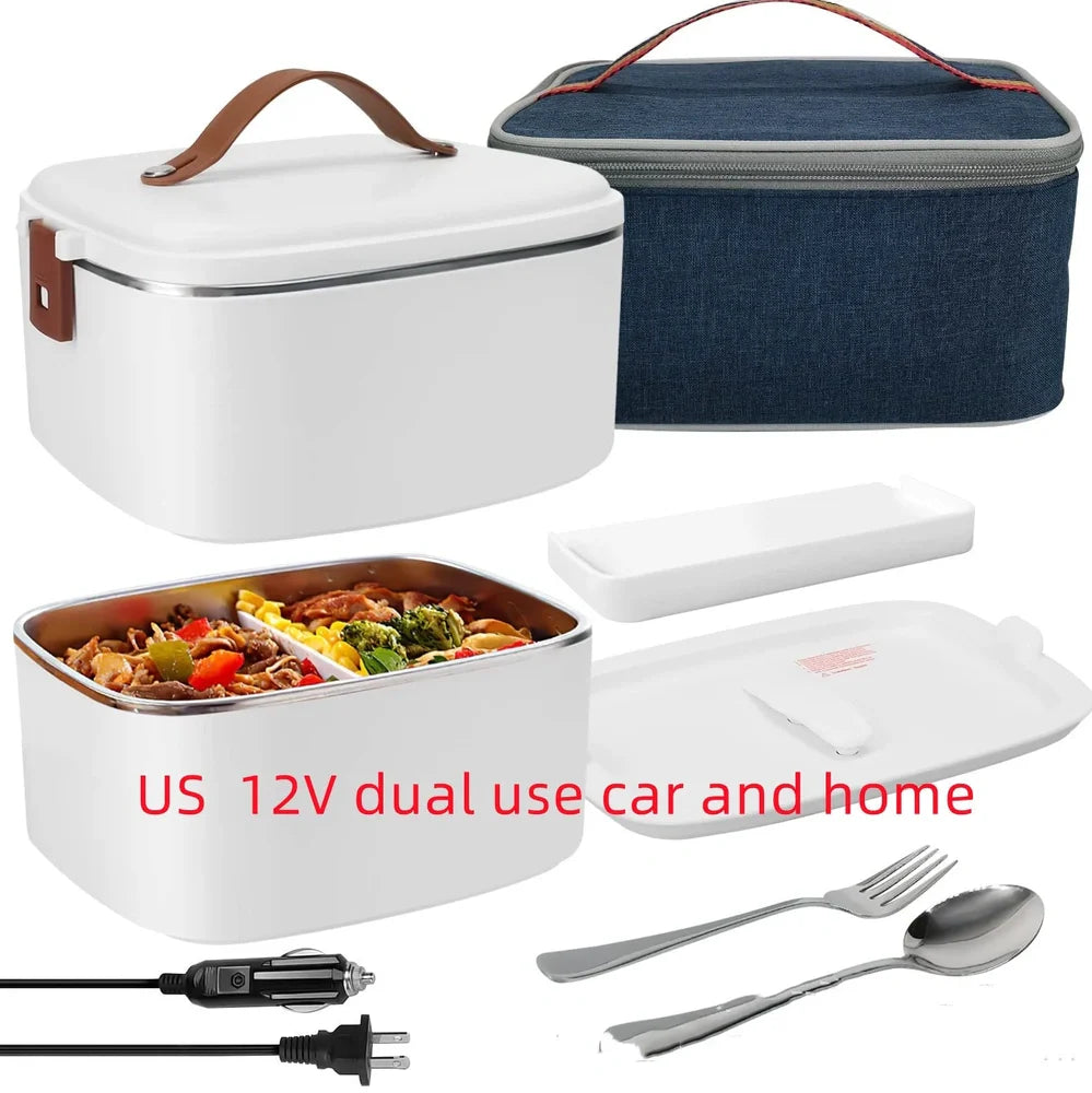 White car heating lunch box with stainless steel interior showing power cords and utensils