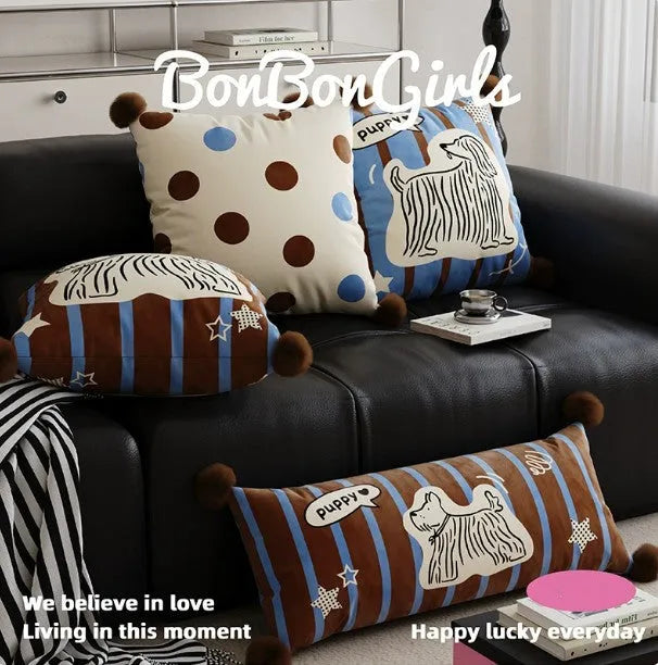 Blue cartoon animal print sofa cushion pillow in 45x45cm size next to brown and white versions.