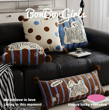 Blue cartoon animal print sofa cushion pillow in 45x45cm size next to brown and white versions.
