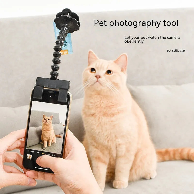 Black plastic pet photography tool attached to mobile phone with treat clip extended