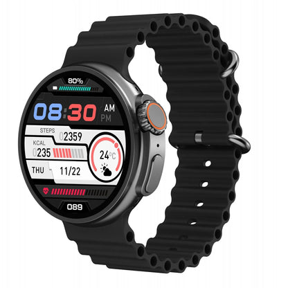 K9 smart watch with circular screen and silicone strap showing interface with health metrics