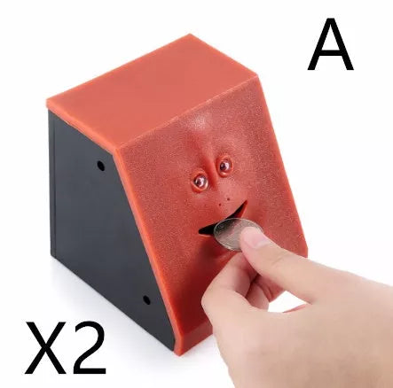 Face Intelligent Induction Electric Piggy Bank with realistic money-eating action in brick blue, pink, or red