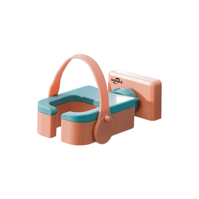 Adjustable wall-mounted hair dryer rack in orange, pink, and green