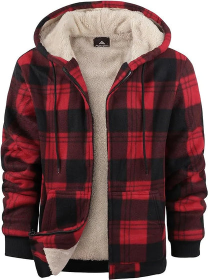 Men's plaid print hooded zip-up jacket with thickened cotton padding for winter warmth