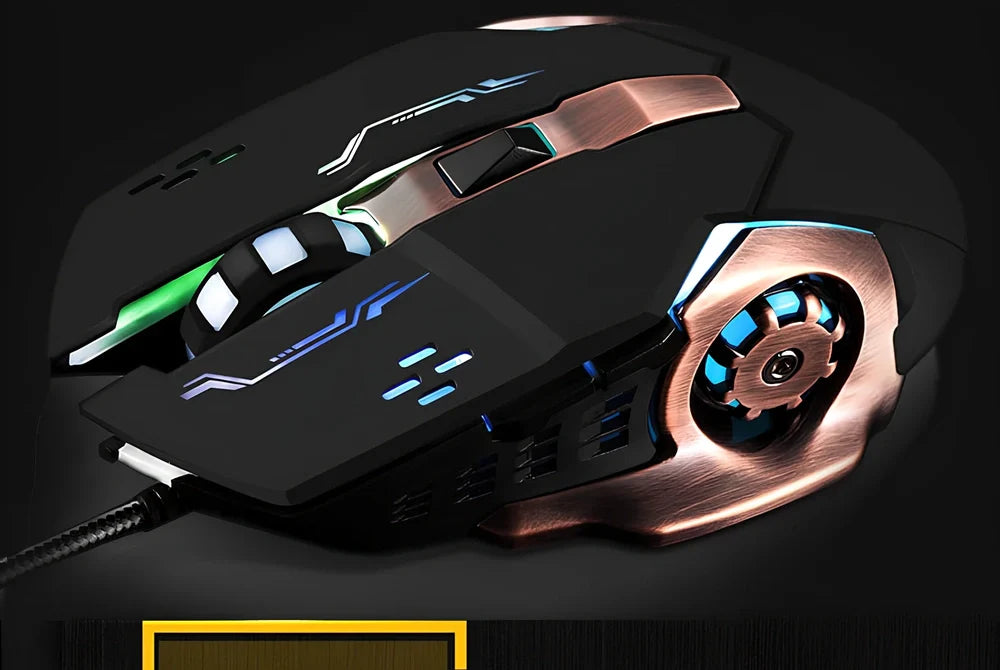 Black FV-502 mechanical gaming mouse with 7-colour breathing backlight and adjustable DPI settings