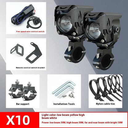Motorcycle and car LED spotlight kit with integrated lens, wireless remote switch, and mounting brackets.