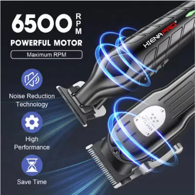 Black plastic USB rechargeable hair clipper set with LED display and adjustable blades.