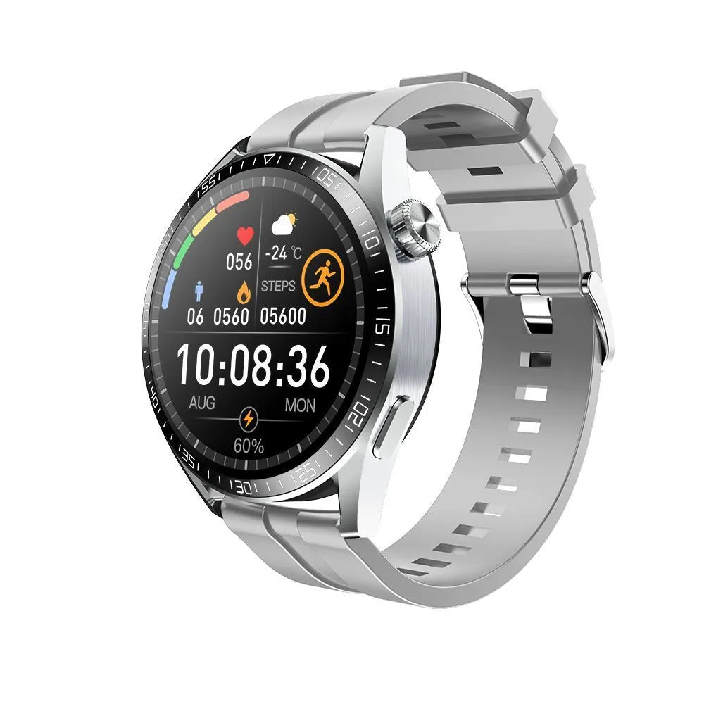 Black GS3 Max smartwatch with a 1.35-inch screen on a silicone wristband, showing health metrics and call interface.