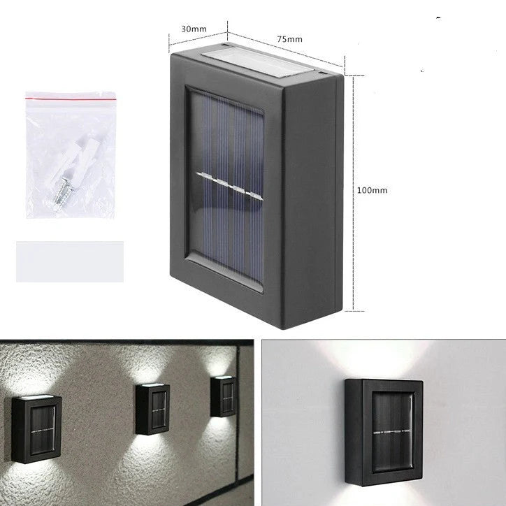 Solar garden wall light with LED illumination measuring 30×75×100mm in black plastic finish