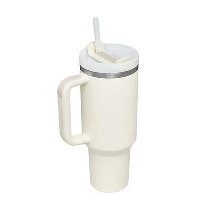 40 oz stainless steel insulated tumbler with handle and straw in tapered mug design