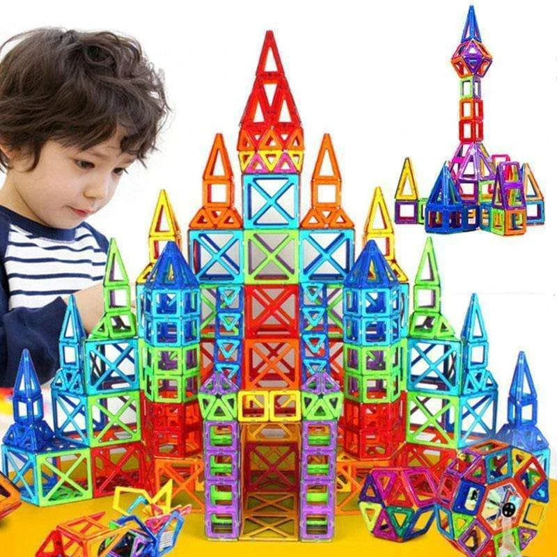 Colorful magnetic building blocks with children playing and building structures