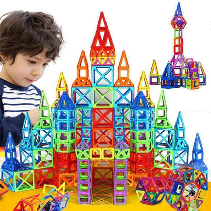 Colorful magnetic building blocks with children playing and building structures