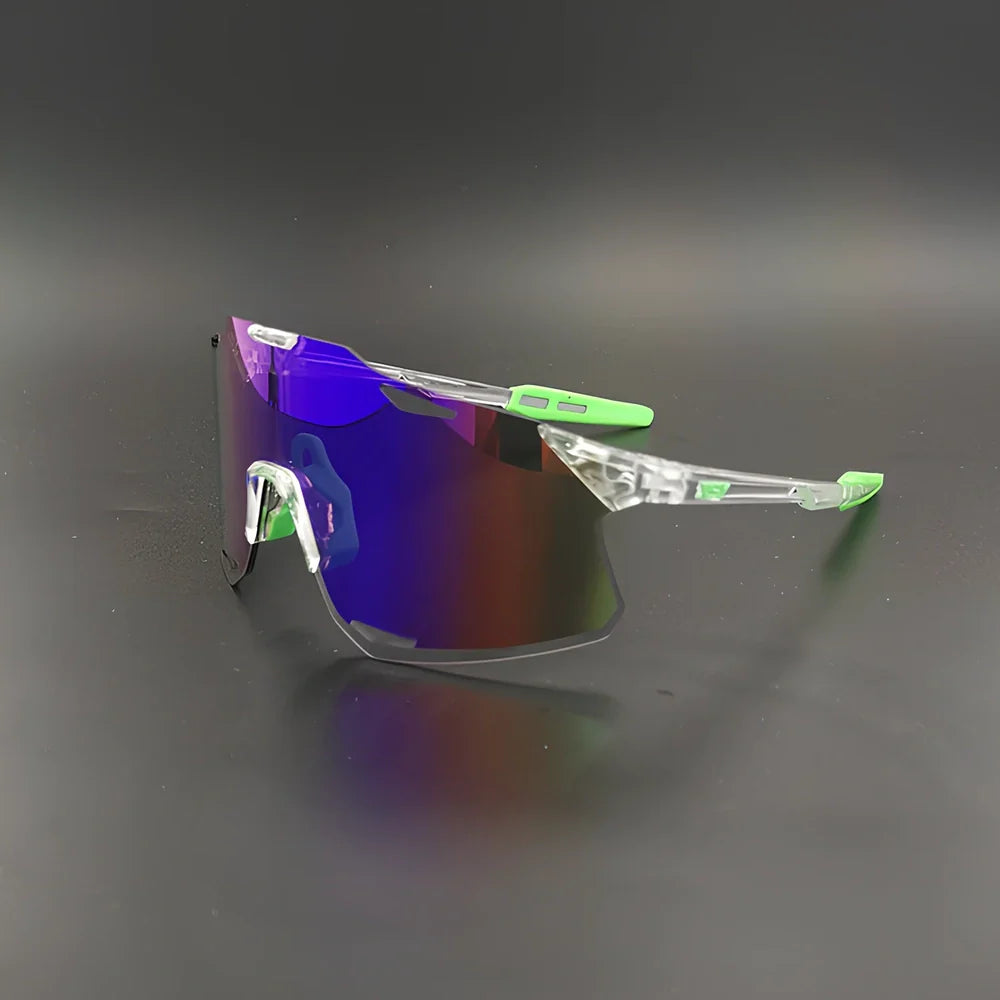 Cycling glasses with interchangeable lenses showing UV400 protection and lightweight frame design