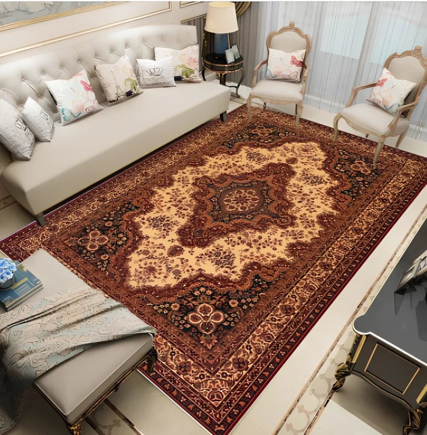 Rectangular Persian floral carpet with machine-woven polyester construction in modern design