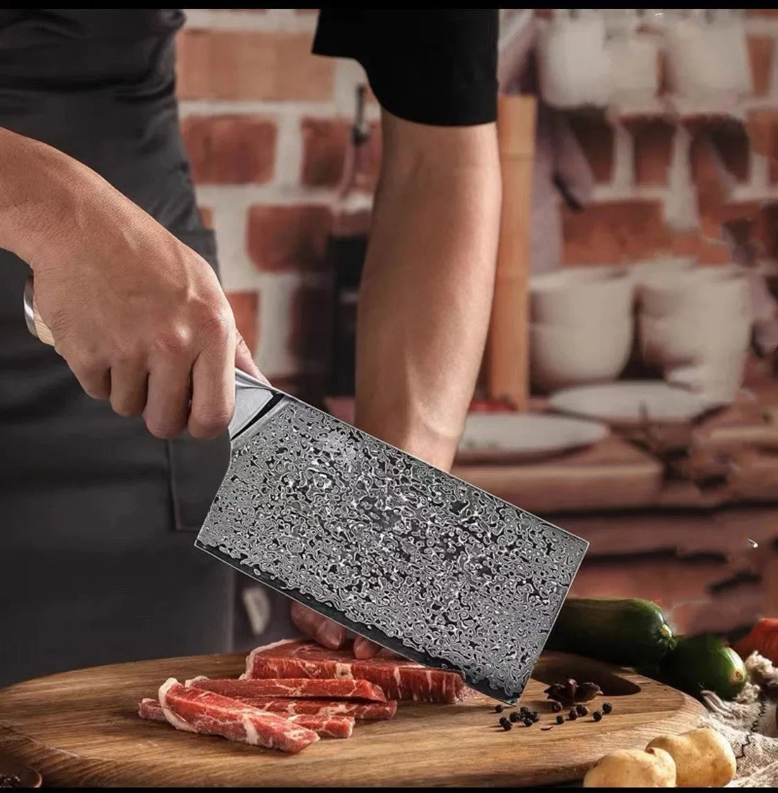 Damascus pattern kitchen knife set with eight stainless steel blades in various sizes