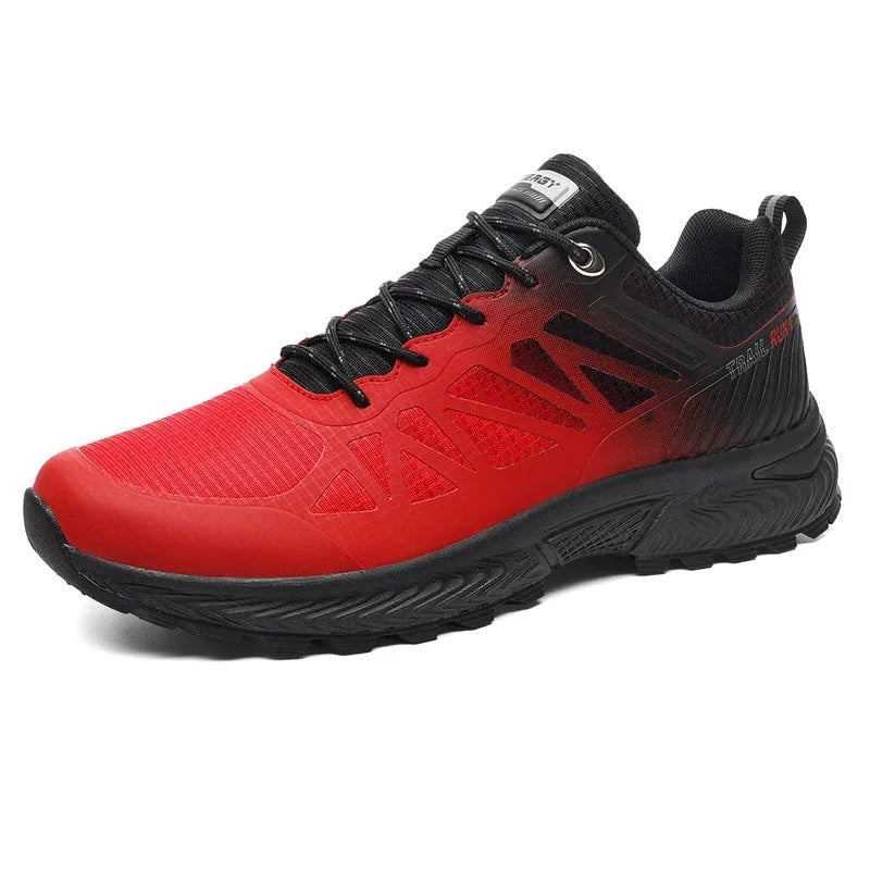 Men's black outdoor running shoes with mesh upper, PHYLON midsole, and rubber MD TPU sole showing round toe shape and lace-up front