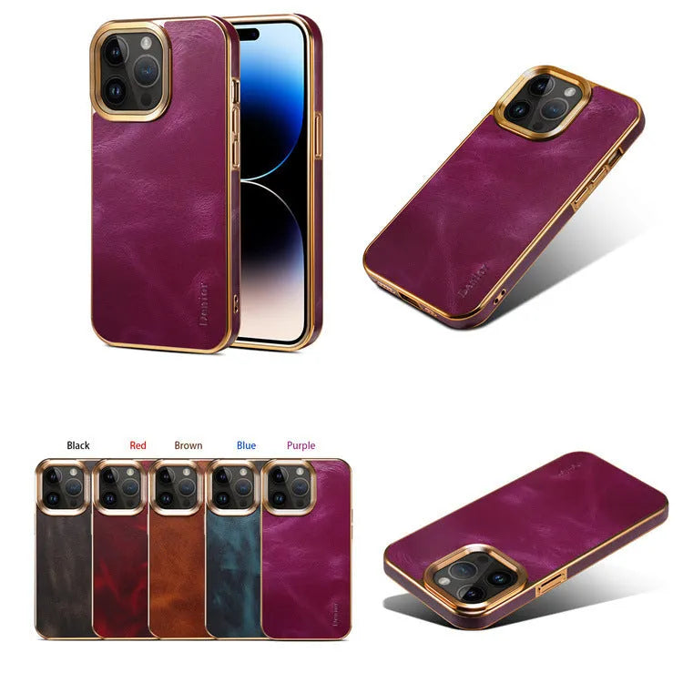 Leather phone case in vintage oil wax leather, handmade for iPhone 12 to 15 Ultra models, showing slim design and 360-degree protection.