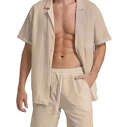 Men's light grey flax linen short-sleeved top and shorts summer sports suit