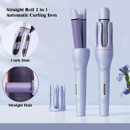 Automatic dual-function hair curler and straightener with left and right rotating barrels, adjustable temperature settings, and safety features for salon-quality styles at home