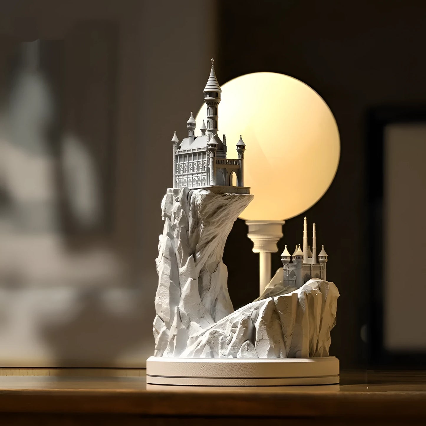 White composite gypsum desk lamp with a wire control switch on a table.