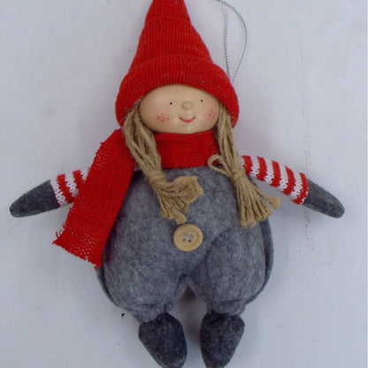 Christmas Easter fabric plush doll in dark brown with green clothing and red hat showing two size options