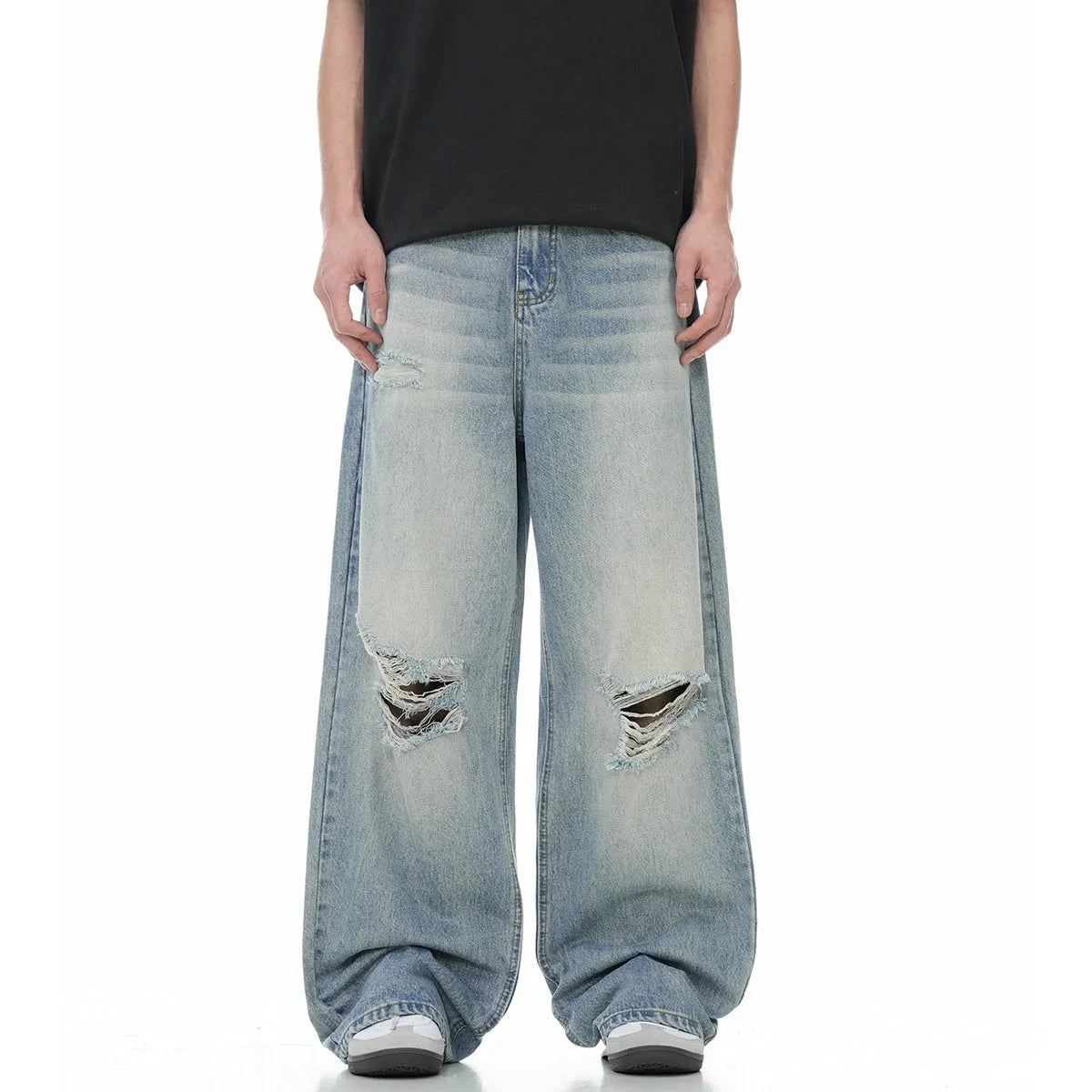 Blue straight-leg cotton-blend jeans with zipper fly closure showing five size options