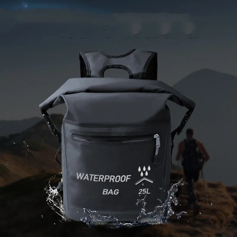 Black 25-litre waterproof backpack for swimming and rafting, showing 500D mesh clips.