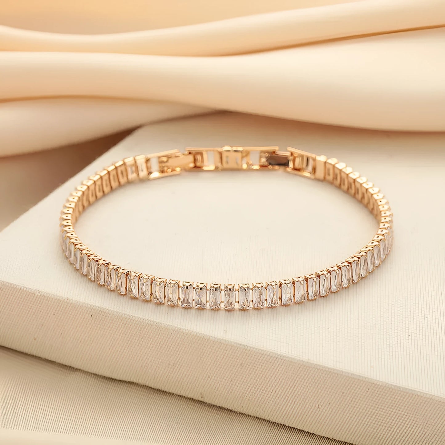 Rectangular geometric brass bracelet with inlaid zircon stones in champagne gold or silver colour