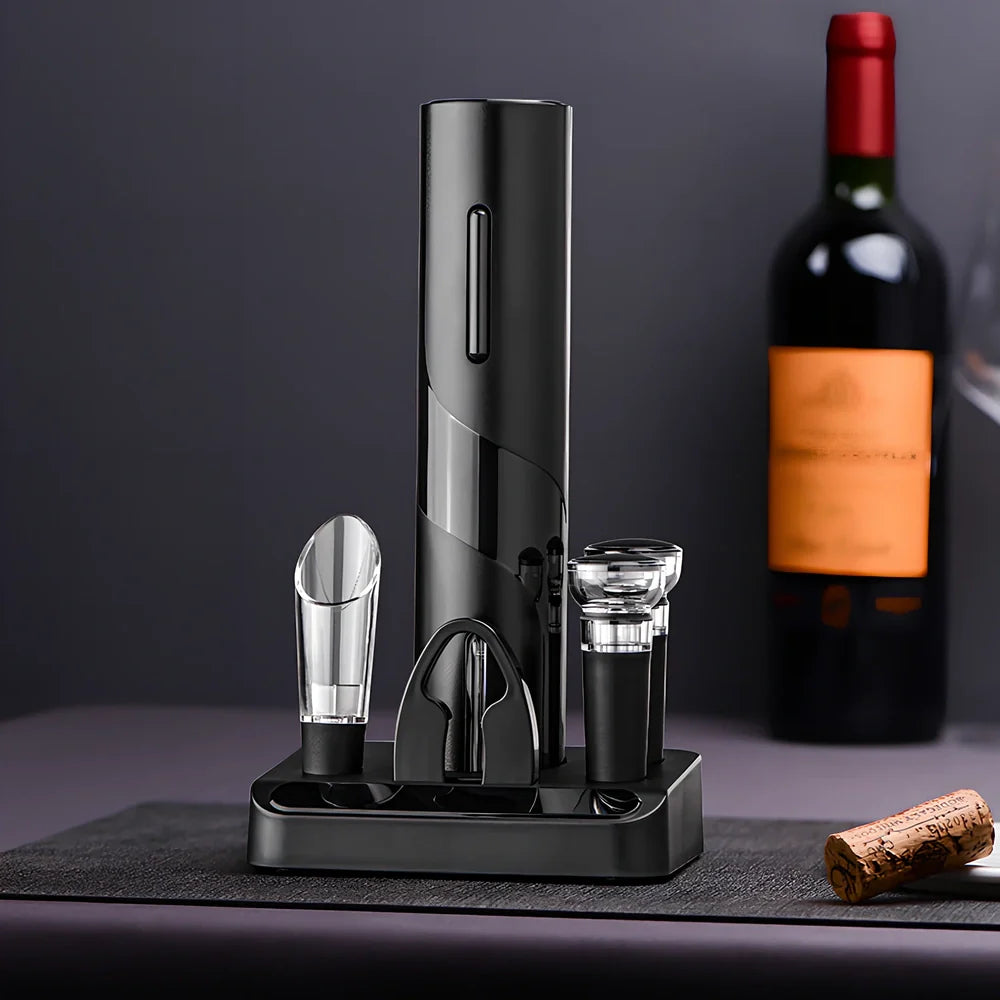 Black electric wine bottle opener set with decanter, foil cutter, and vacuum stoppers in storage base