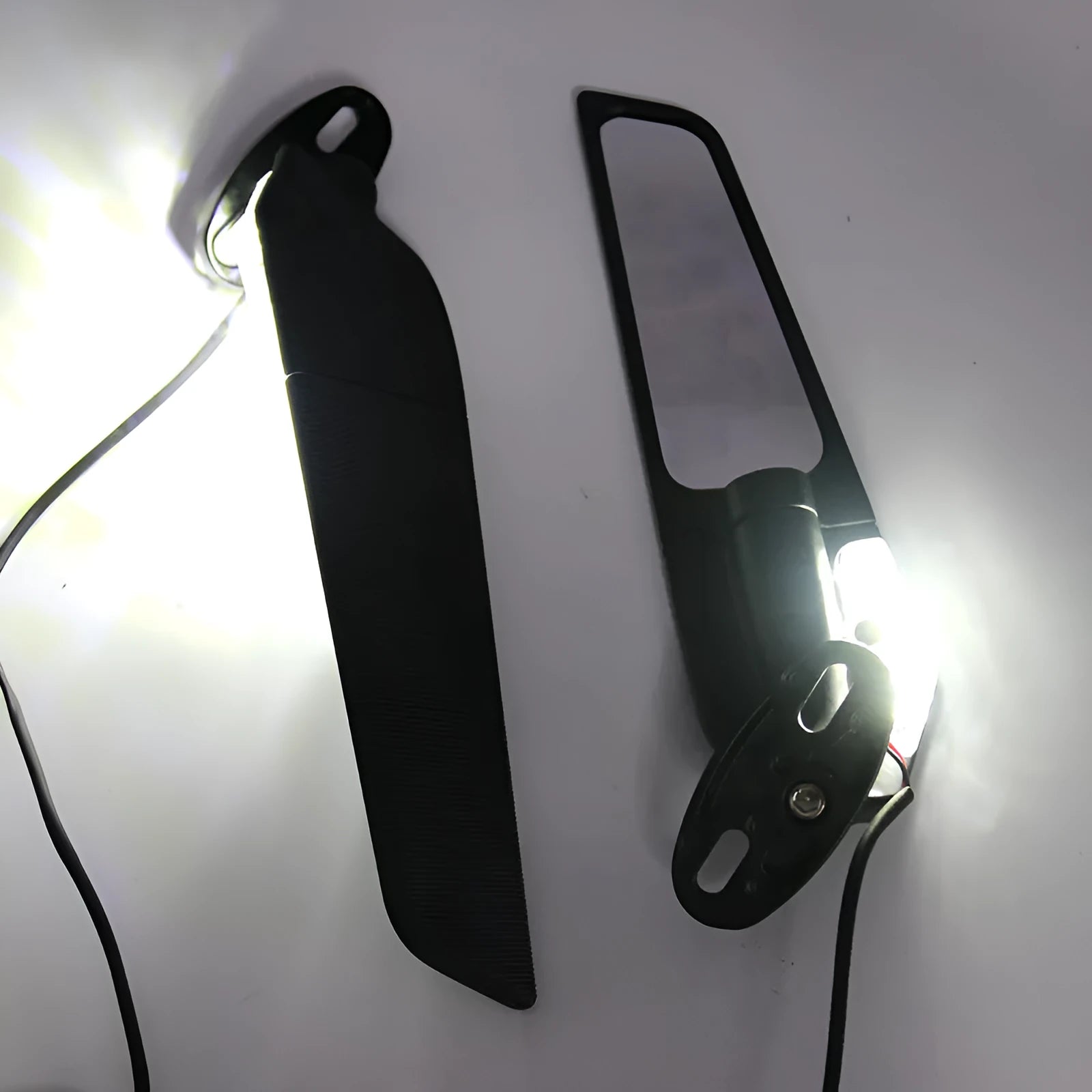 Motorcycle spoiler rearview mirror with yellow LED light strip and convex glass lens