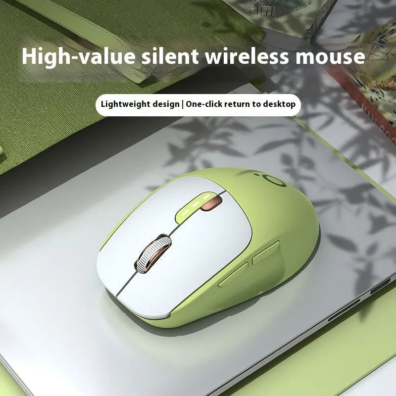 Mute Wireless Bluetooth Mouse for Computer Office Use with 2.4GHz Wireless and Bluetooth Connectivity Options in Matcha Green, Milk Tea Colour, Twilight Dark Grey, Moon Grey, or Sky Blue with Compact 110 x 65 x 40 mm Size and 5-Button Layout