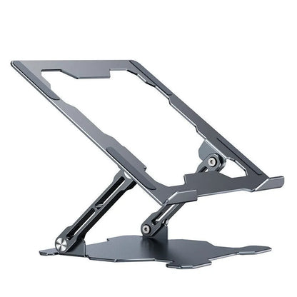 Grey aluminium alloy laptop stand with adjustable angle and folding legs for portable use