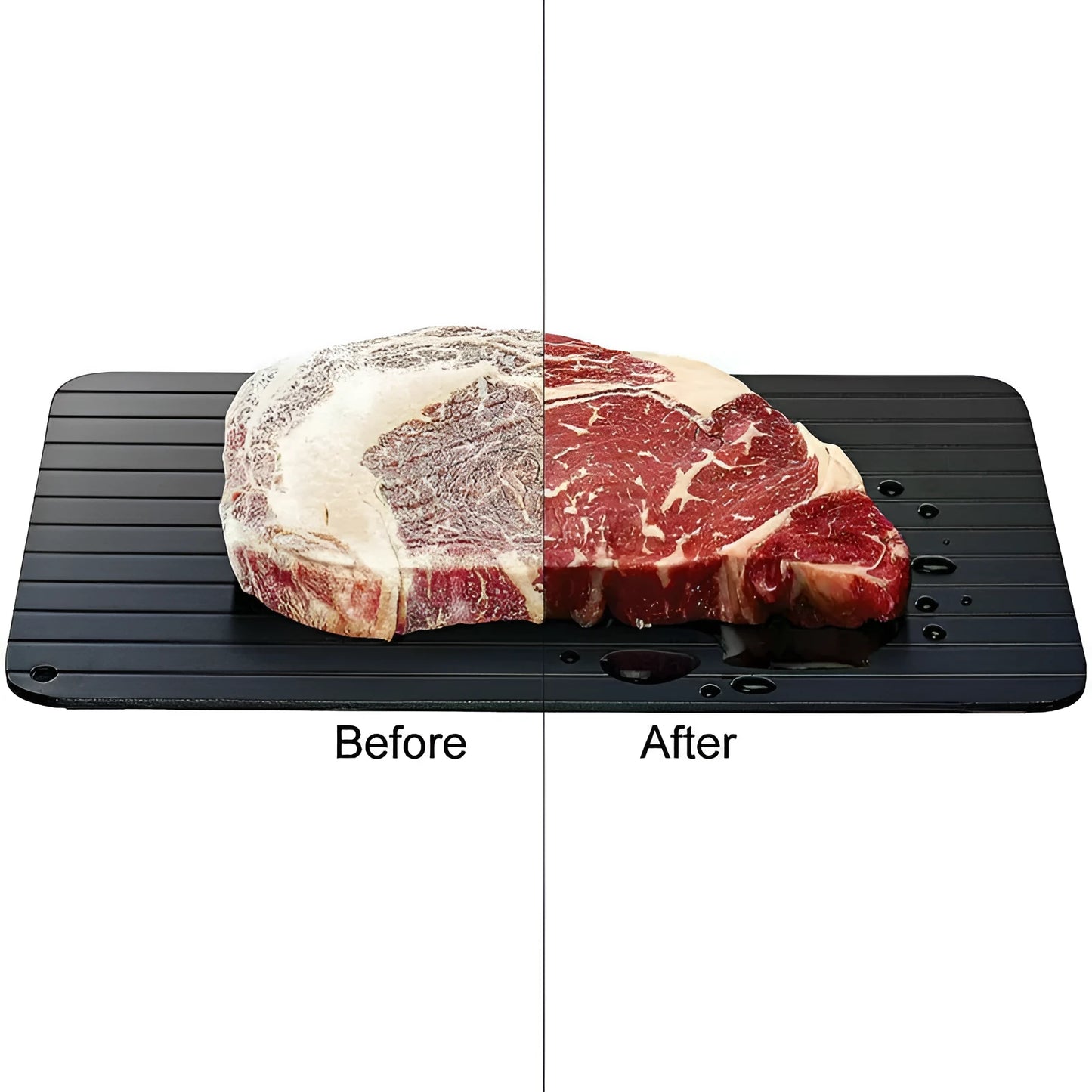 Black aluminium fast defrosting tray for thawing frozen food on kitchen counter