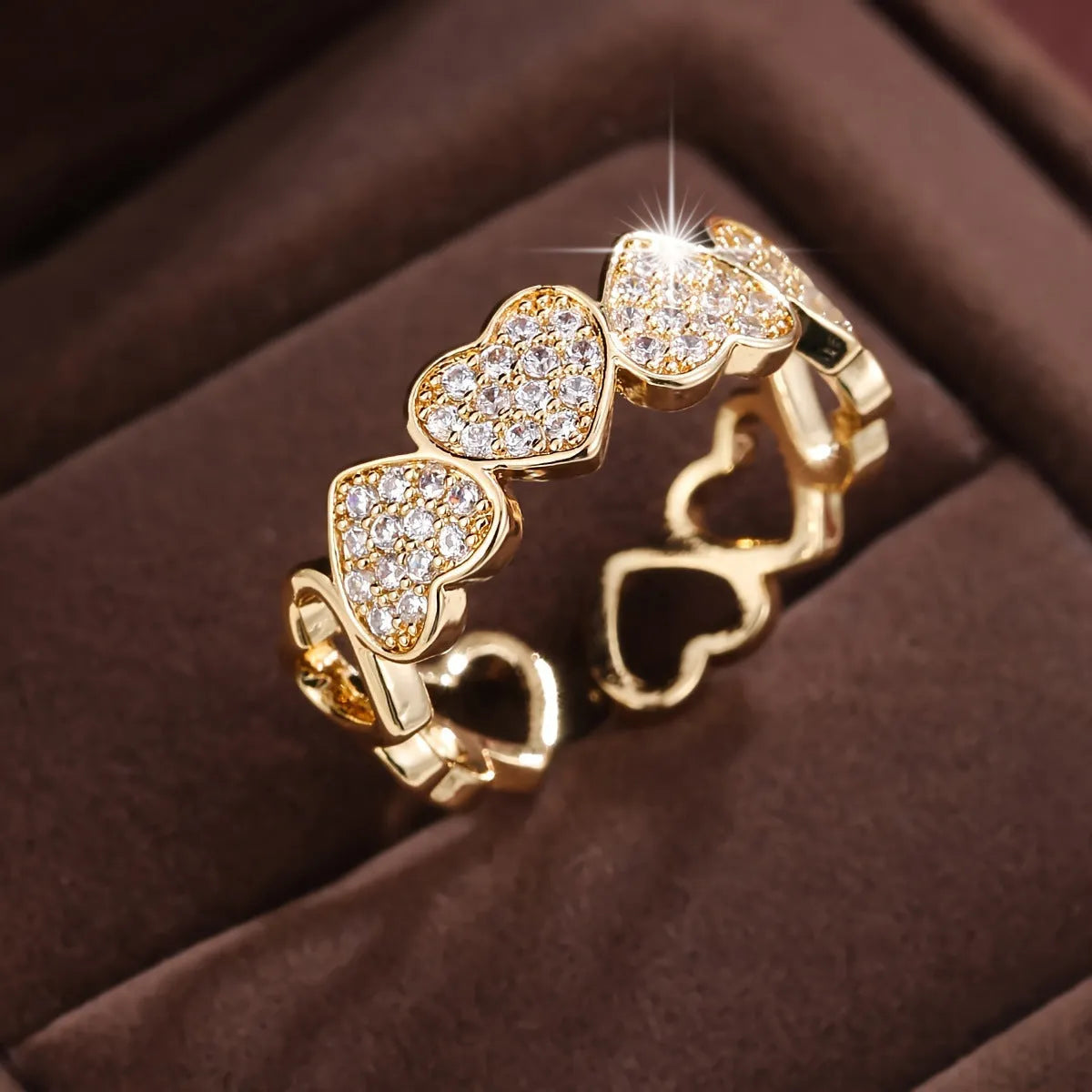 Adjustable opening couples ring with heart motif, gold and silver finishes, geometric shape, diamond treatment on copper