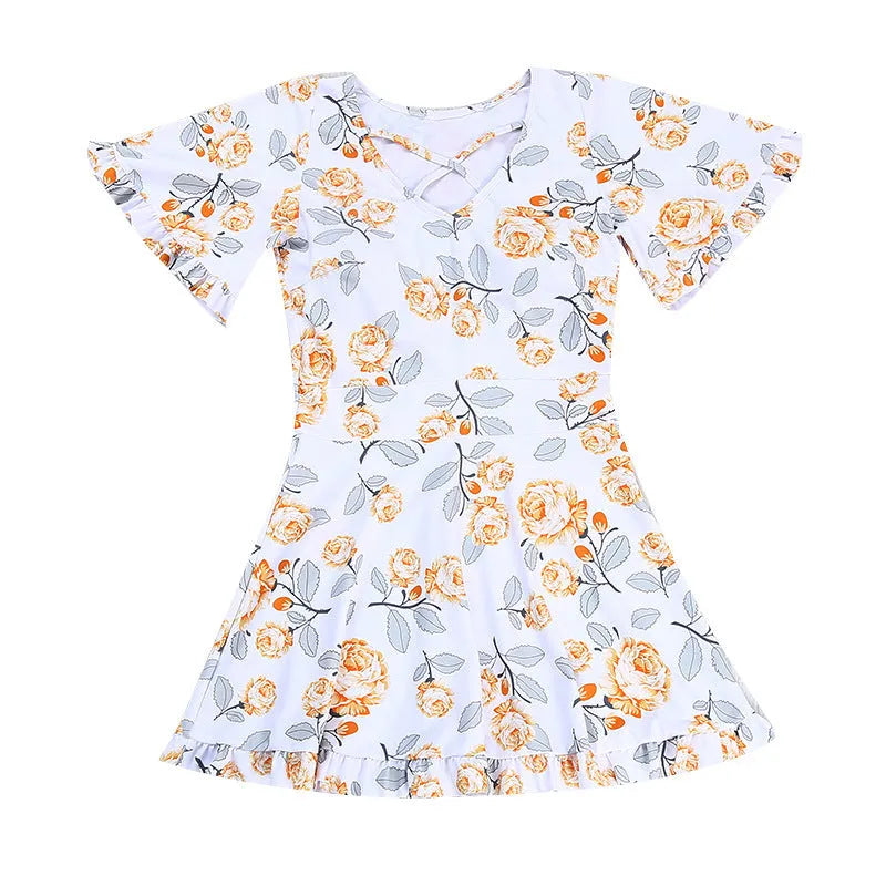 Women's high waist one-piece swimsuit with floral pattern in white flowers or blue design