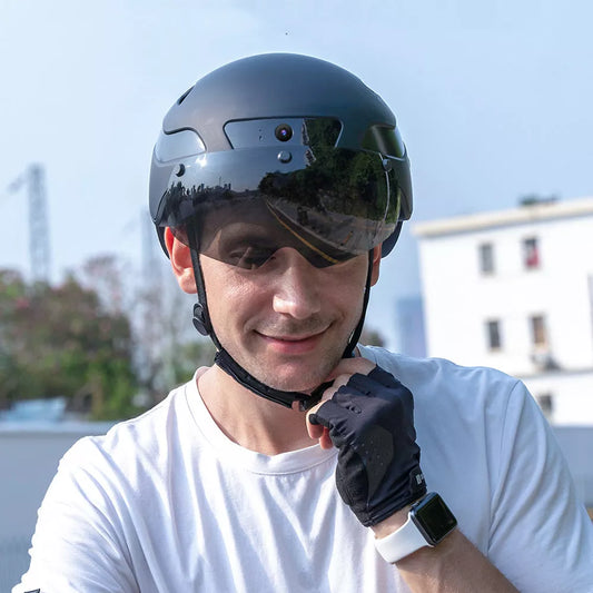 Black riding helmet with built-in camera and Bluetooth turn signal