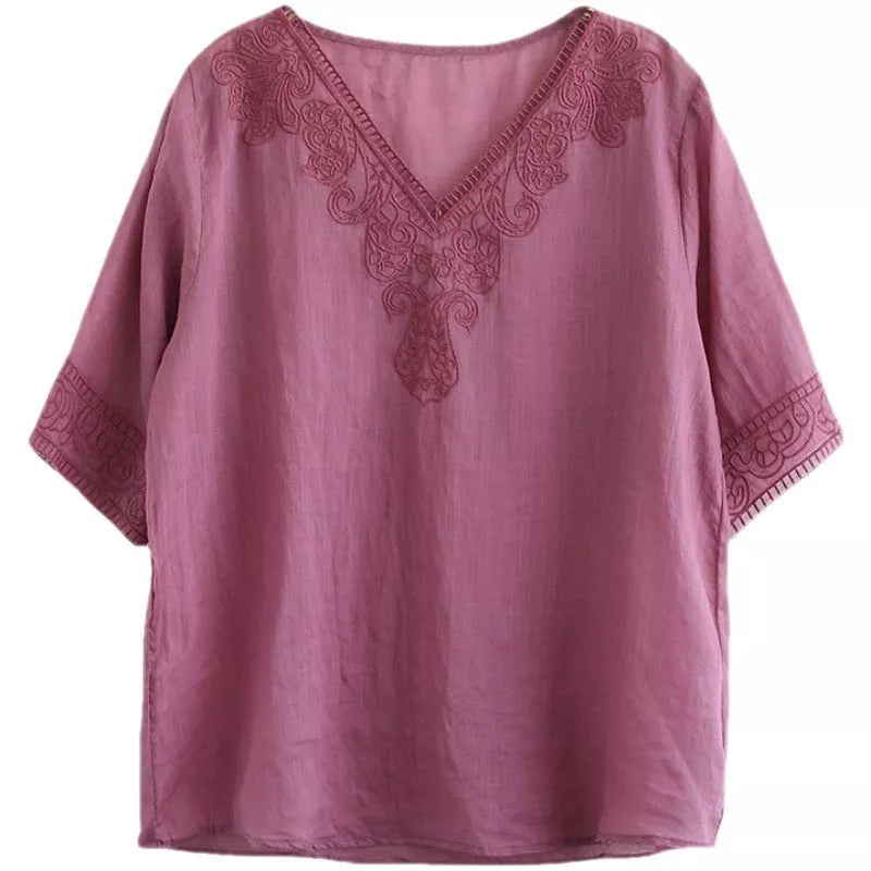 Women's retro cotton-linen embroidered V-neck T-shirt in green, white, pink, and dark blue