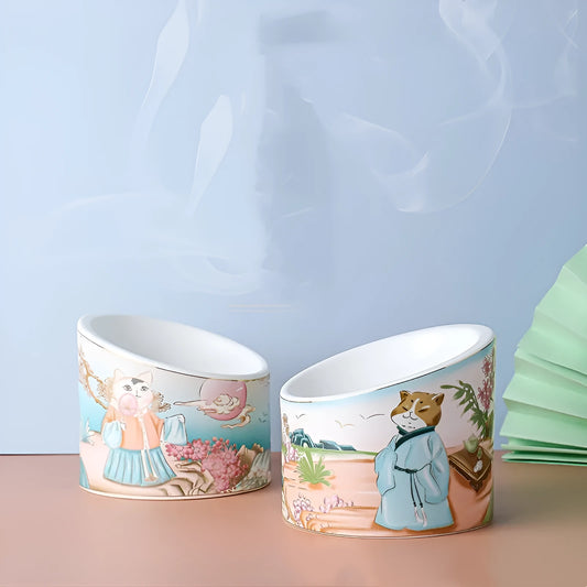 Chinese style ceramic cat bowl set with high legs and double bowl design