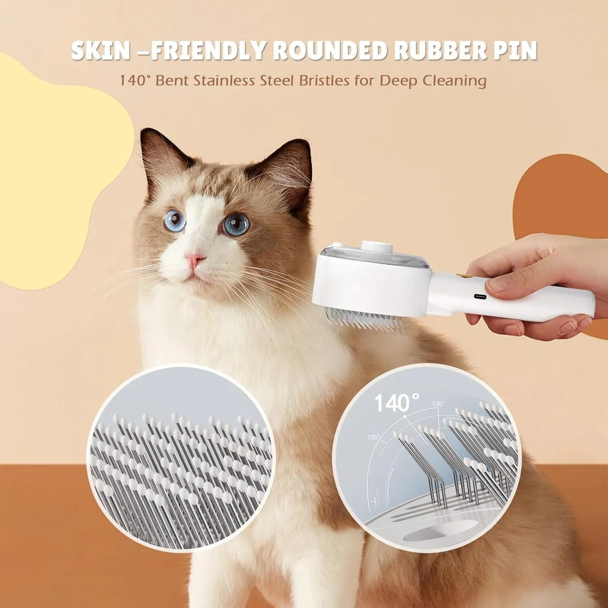 Pink and white cat steam brush with mist spray function, rounded head, and stainless steel comb bristles.