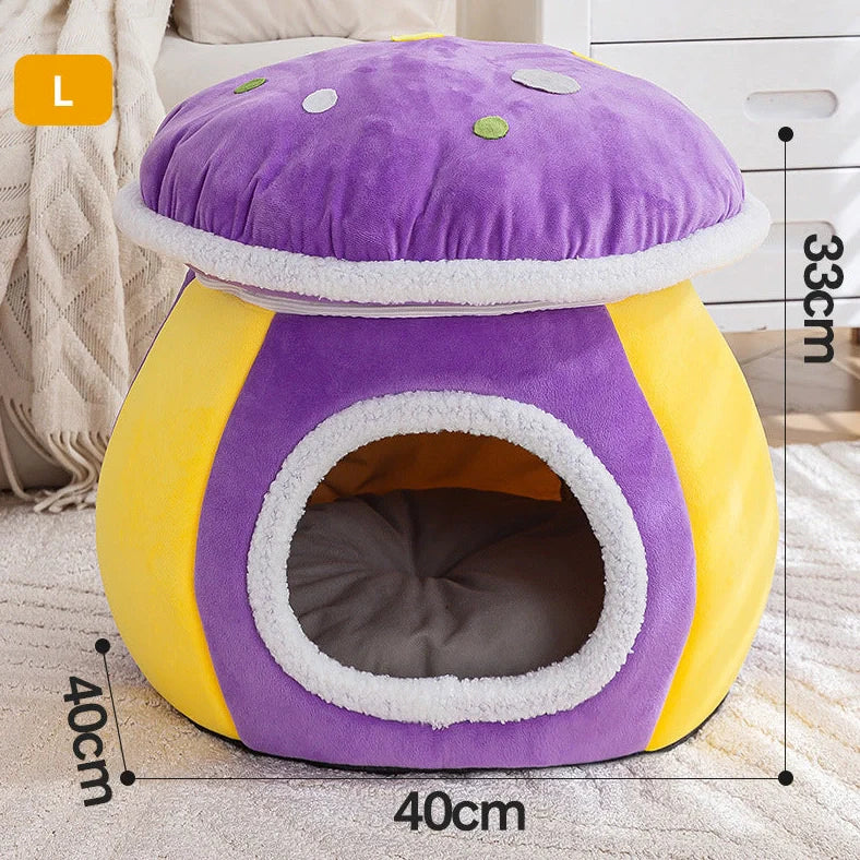 Grey mushroom-shaped cat bed with detachable thermal blanket showing 2.5cm thick plush interior
