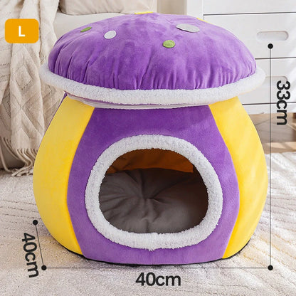 Grey mushroom-shaped cat bed with detachable thermal blanket showing 2.5cm thick plush interior