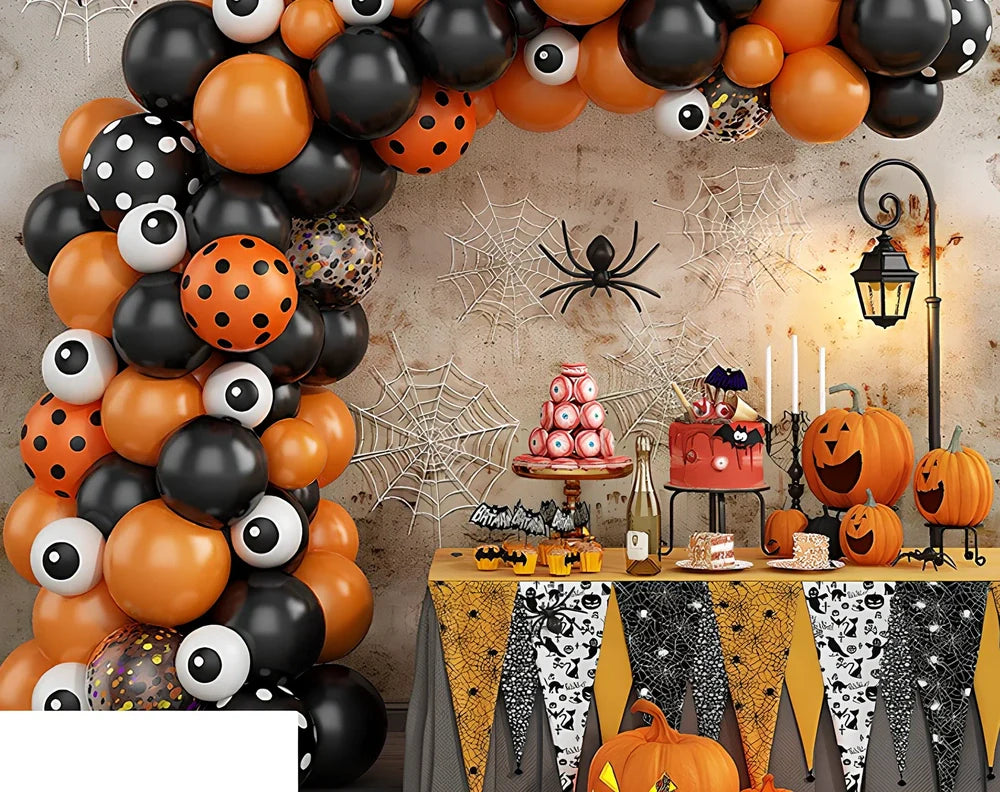 Halloween latex balloon set with bat designs, 12-inch black and orange balloons, 10m chain, and ribbons for party decor