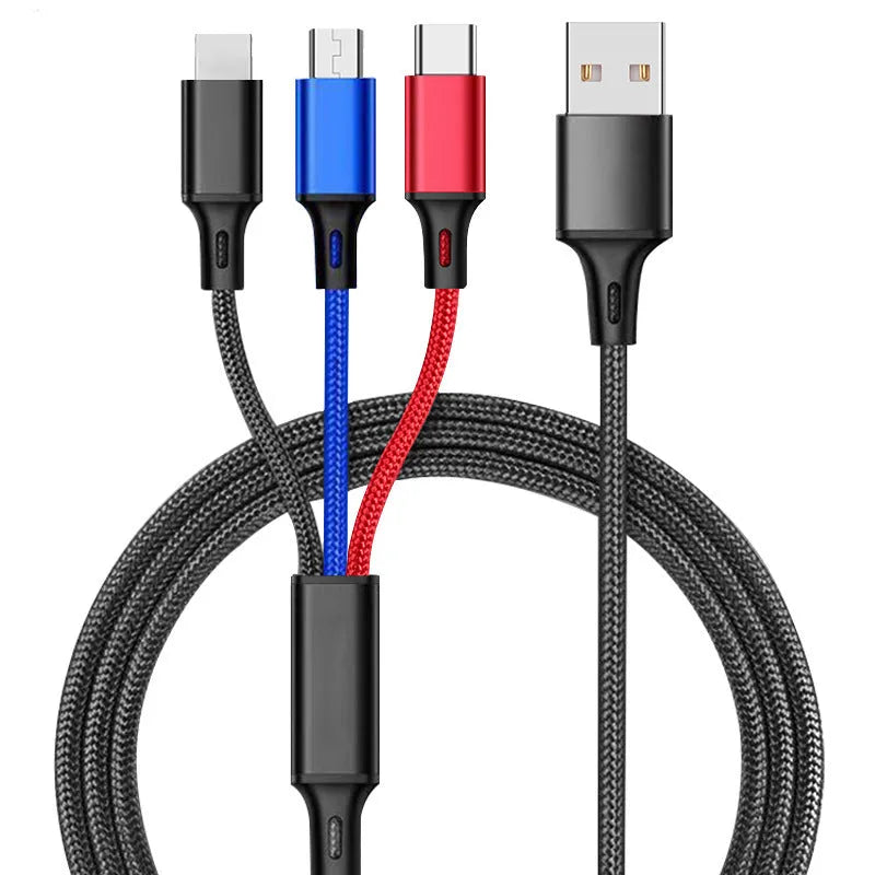Red 3-in-1 braided charging cable with iPhone, Android and Type-C connectors shown at 1.25 metre length